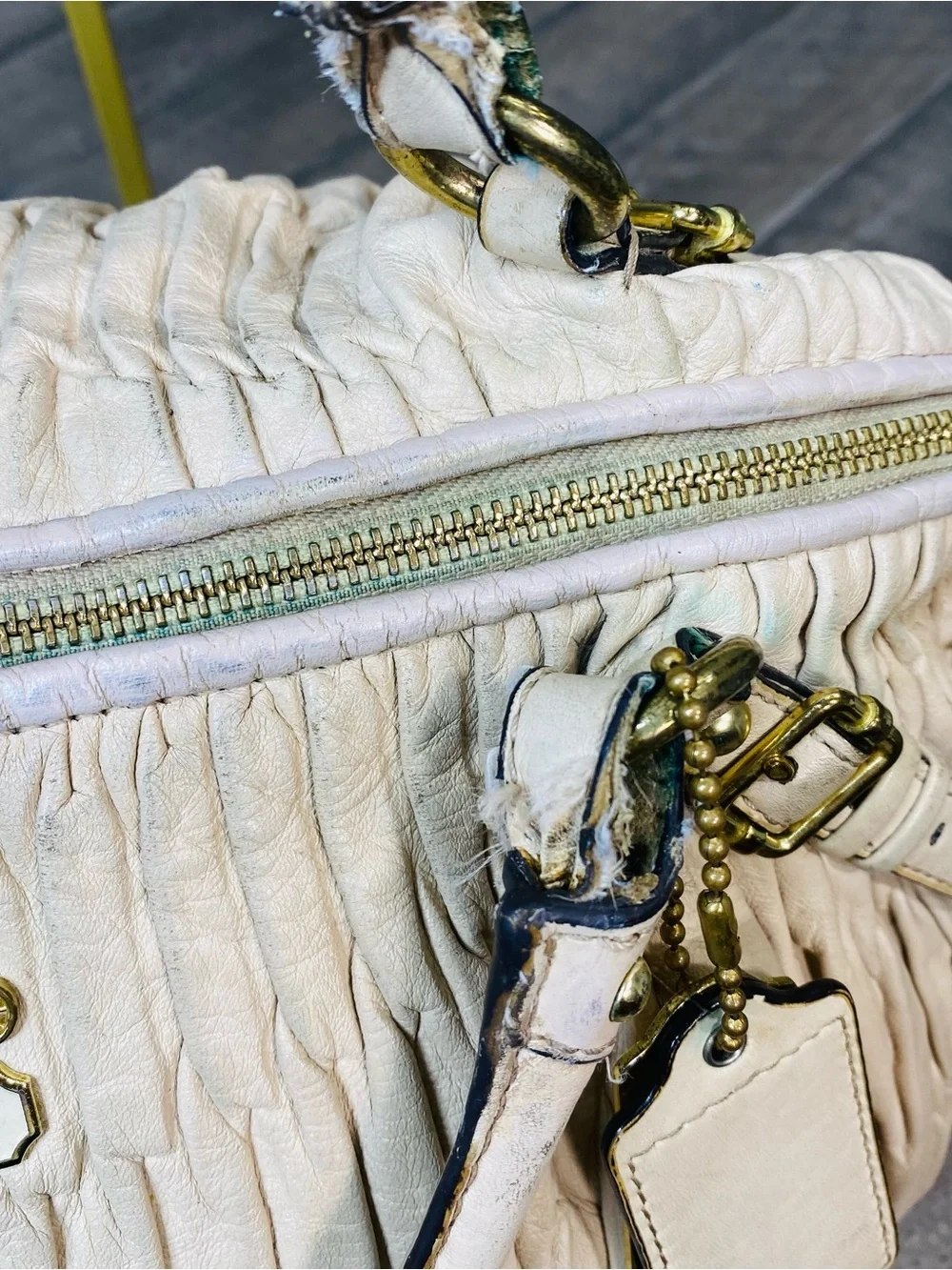 Coach Madison Gathered Leather Satchel Bag Off-White Cream Gold Hardware